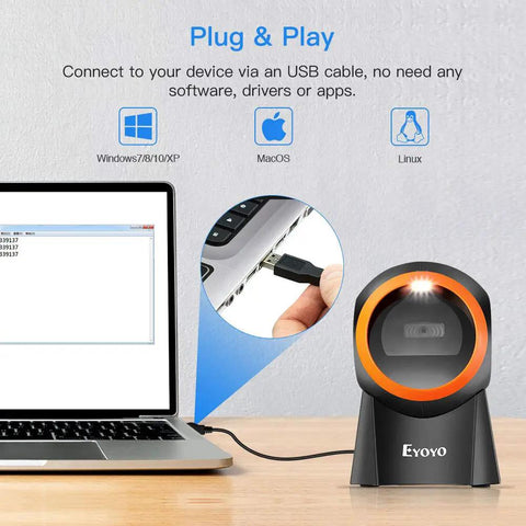 Hands Free 1D 2D Barcode Scanner With QR Reader Plug And Play For Desktop POS Systems Screen Scanning Supported shown next to laptop