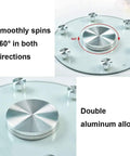 360 Degree Tempered Glass Lazy Susan Turntable with Silent Rotation showing aluminum alloy construction.