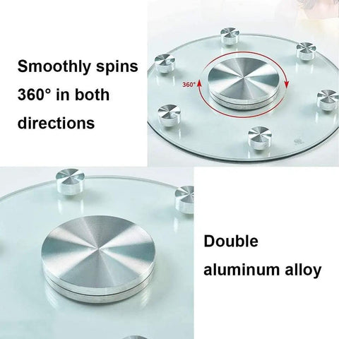 360 Degree Tempered Glass Lazy Susan Turntable with Silent Rotation showing aluminum alloy construction.