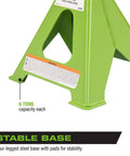 Green steel jack stand base showing a 6-ton capacity label with stable four-legged design for stability.