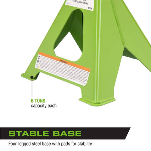 Green steel jack stand base showing a 6-ton capacity label with stable four-legged design for stability.