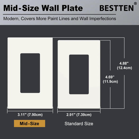 Comparison of 40 Pack Mid Size Screwless Decorator Wall Plate and standard size, dimensions in inches and cm
