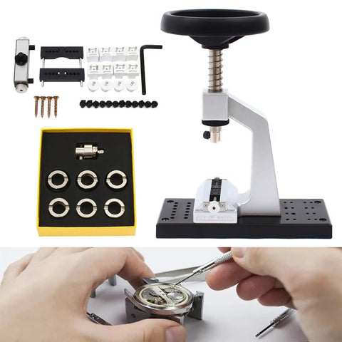 Adjustable Watch Case Back Opener Bench Tool with interchangeable parts and tools for jeweler hobbyists and repair pros use