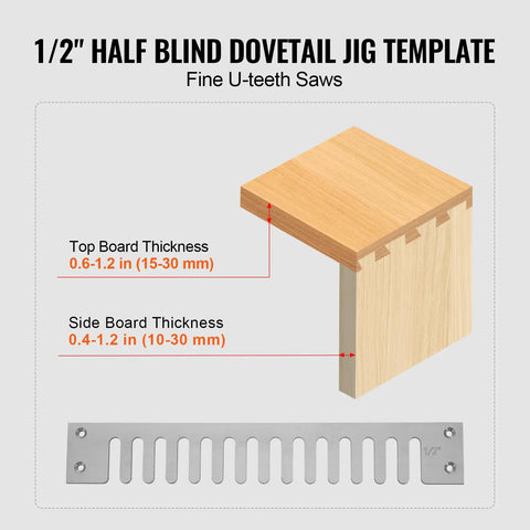 1/2" half blind dovetail jig template with dimensions for custom furniture woodworking cabinets.