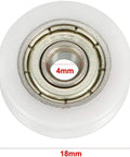 Four Pack V Groove Bearing Pulleys Featuring Rock Hard Metal Rollers Wrapped In Beefy Nylon Wheels measuring 4mm bore and 18mm diameter.