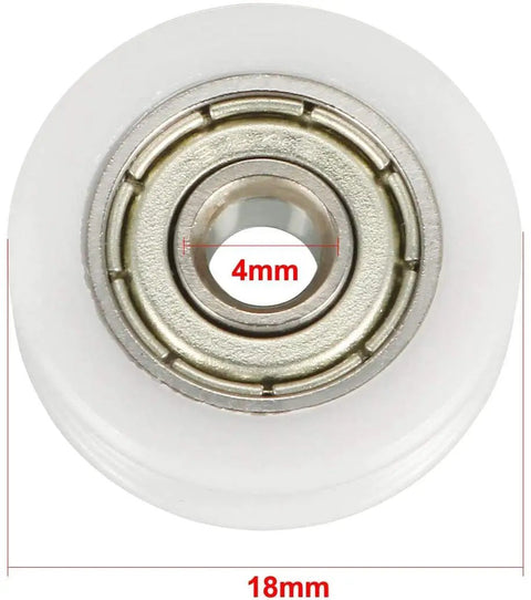 Four Pack V Groove Bearing Pulleys Featuring Rock Hard Metal Rollers Wrapped In Beefy Nylon Wheels measuring 4mm bore and 18mm diameter.