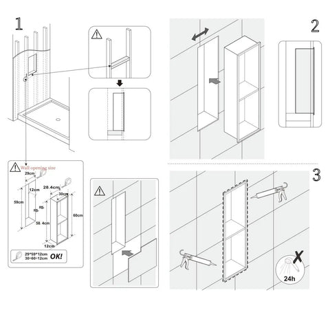 Installation diagram for Brushed Gold Shower Niche Stainless Steel Recessed Shelf Waterproof Organizer for Shampoo and Toiletries No Tile Needed Easy Install Inner Dimensions 11.8 Inch Width by 23.6 Inch Height by 4.7 Inch Depth.