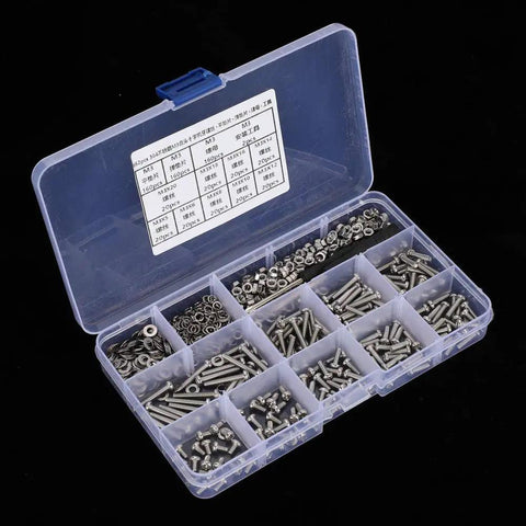 Killer 304 Stainless Steel Flat Head M3 Machine Screw Kit Bundle With Nuts Washers Wrench Keys Solid For Heavy Duty Home Repair And DIY Fixes Durable Anti Corrosion Metal Hardware 662 Pieces Smart Storage Box open case with M3 screws, nuts and washers