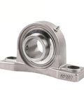 Top Shelf Stainless Steel Outer Spherical Bearing With Rock Solid Belt Base Mount SUCP207 showcasing smooth finish and mounting base.