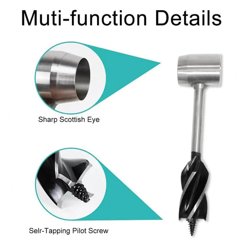 Handy Auger Wood Drill For Camping And Bushcraft details, showing sharp Scottish eye and self-tapping pilot screw.