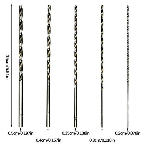 Extra Long 10 Piece HSS Drill Bit Set 150mm Straight Shank For Wood Plastic Aluminum 2mm 3mm 3.5mm 4mm 5mm High Speed Steel Bits For Fast Clean Holes displayed in various sizes with measurements.