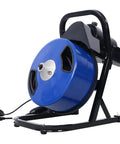 Heavy Duty Electric Drain Auger Featuring 60 Foot Flexible Snake Cable And Swappable Cutter Heads For Knocking Out Stubborn Sink And Pipe Clogs Includes Foot Switch And Solid Blue Motor Unit side angle view