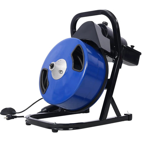Heavy Duty Electric Drain Auger Featuring 60 Foot Flexible Snake Cable And Swappable Cutter Heads For Knocking Out Stubborn Sink And Pipe Clogs Includes Foot Switch And Solid Blue Motor Unit side angle view