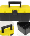 Rock Solid Plastic Toolbox Organizer With Heavy Duty Carry Handle And Secure Snap Buckle Closure For Mechanics Workshop Hardware Tool Storage in black and yellow.