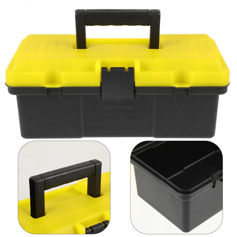 Rock Solid Plastic Toolbox Organizer With Heavy Duty Carry Handle And Secure Snap Buckle Closure For Mechanics Workshop Hardware Tool Storage in black and yellow.