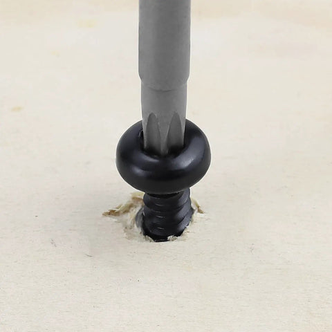 Close-up of Trusted Shop Gear 100 Pack 10 X 1 Inch Black 304 Stainless Steel Security Torx Pan Head Sheet Metal Screw being installed.