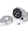 Beefed Up Aluminum Alloy RC Transmission Gearbox For 1-10 Scale Crawler Cars, Metal Gearset Upgrade Replacement, Sturdy Silver Build For Smooth, Reliable Power Transfer, shown with cover and screws