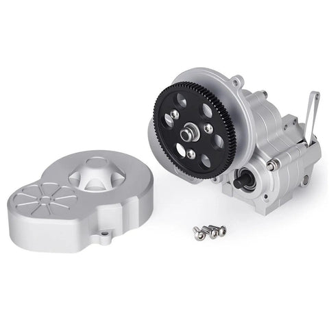 Beefed Up Aluminum Alloy RC Transmission Gearbox For 1-10 Scale Crawler Cars, Metal Gearset Upgrade Replacement, Sturdy Silver Build For Smooth, Reliable Power Transfer, shown with cover and screws