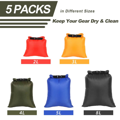 Ultralight 5 Pack Waterproof Dry Bags Set For Backpacking Hiking Camping Boating And Travel in sizes 2L to 8L