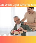 Two people celebrating with a gift under a banner reading 'LED Work Light Gifts for Men' with a focus on gifting.