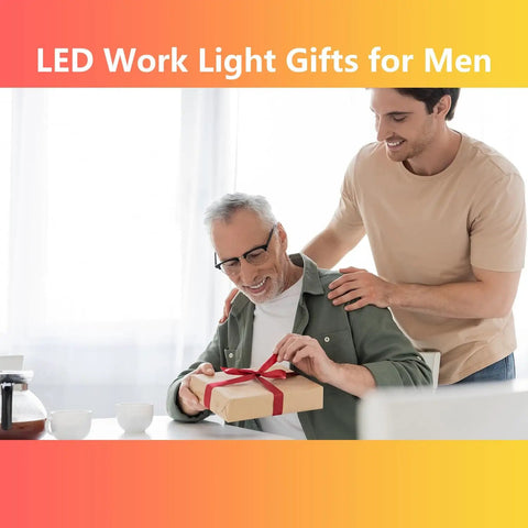 Two people celebrating with a gift under a banner reading 'LED Work Light Gifts for Men' with a focus on gifting.