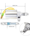 Side view of Air Horn Solenoid Valve One Quarter Inch NPT For 12V And 24V DC Systems, chrome plated, 150 PSI, with dimensions.