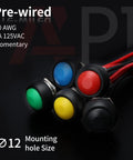 Colorful pre-wired 12mm waterproof momentary push button switches, 2 pin SPST NO, shown in 6 pack for DIY electronics and control panels
