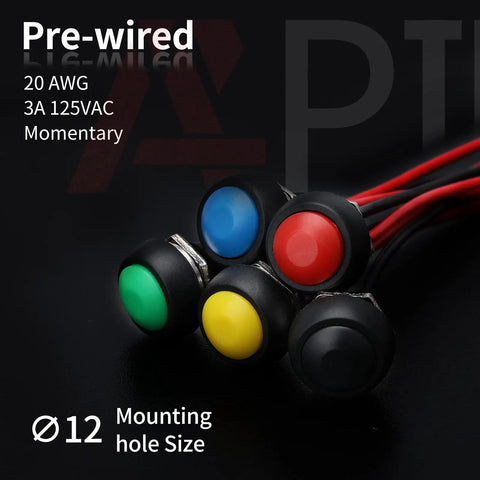 Colorful pre-wired 12mm waterproof momentary push button switches, 2 pin SPST NO, shown in 6 pack for DIY electronics and control panels