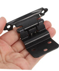 Hand holding Auto Close Spring Loaded Cabinet Door Hinge 3/8 Inch Self-Closing Soft Close Hardware, black, 1.4mm thick.