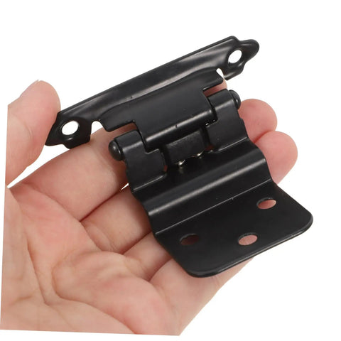Hand holding Auto Close Spring Loaded Cabinet Door Hinge 3/8 Inch Self-Closing Soft Close Hardware, black, 1.4mm thick.
