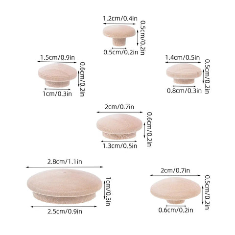 Various sizes of Mushroom Head Wood Plugs for Screw Holes Unfinished Button Caps with Easy Press In Installation