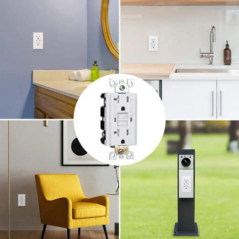 5 Pack GFCI Outlet 20 Amp Outdoor Weather Resistant Tamper Resistant UL Listed Backyard Ready With Self Test LED Indicator Thinner Design Wall Plate Included White Finish installed in various home settings.
