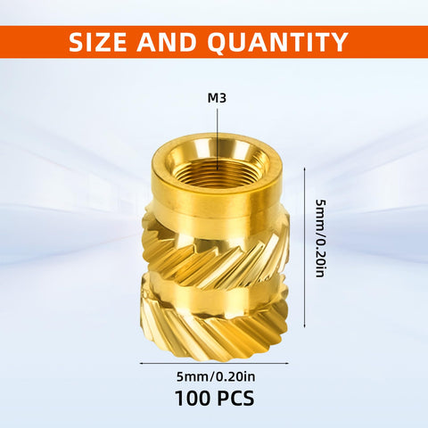 Brass Heat Set M3 Threaded Inserts For 3D Printing, Knurled Female Nuts, M3 Size 5mm By 5mm Metric, Easy Embedding Without Counterbore, Ultra Durable, Reliable Fixes, 100 Pack