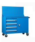 Heavy Duty Steel Rolling Tool Cabinet Featuring Auxiliary Workbench Top And Glide Out Drawers For Garage Setup with pegboard.