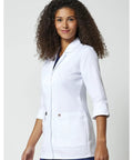 Model wearing Contemporary Fit Women's Three Quarter Sleeve Twill Lab Coat 30 Inch Length White Notched Lapels Button Front