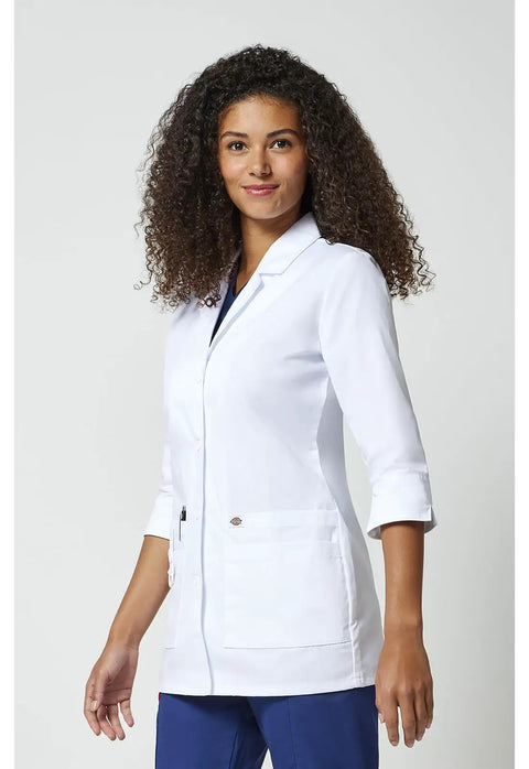 Model wearing Contemporary Fit Women's Three Quarter Sleeve Twill Lab Coat 30 Inch Length White Notched Lapels Button Front