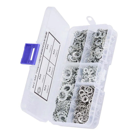 All In One 700 Piece Galvanized Serrated Lock Washer Set With Flat Washers M3 M4 M5 M6 M8 For Strong No Fuss Connections In Automotive Marine And Industrial Projects. Open case with assorted galvanized serrated lock washers M3-M8