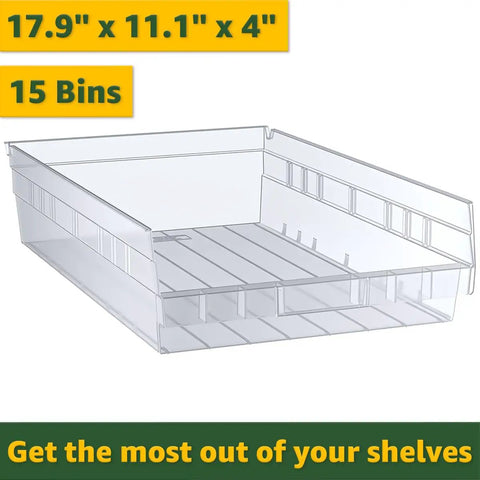 Heavy Duty Commercial Wire Utility Shelf 18 X 36 X 74 Inches With Fifteen Clear Bins, clear storage bin 17.9x11.1x4 inches.