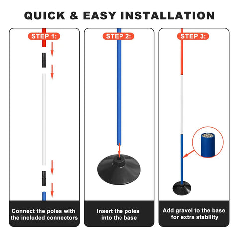 "Installation steps for Six 6-Foot Adjustable Pole Bending Poles For Horses And Pups, showing connection, base insertion, stability"