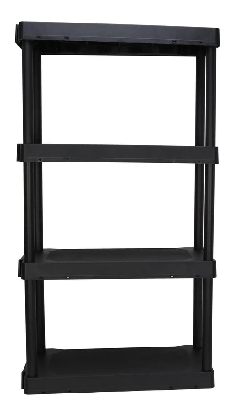 Built Tough Four Tier Plastic Storage Shelf Black Freestanding Rack With No Sweat Setup For Garage Kitchen Pantry Closet And Bathroom Holds An Awesome 280 Pounds, front view of sturdy shelves