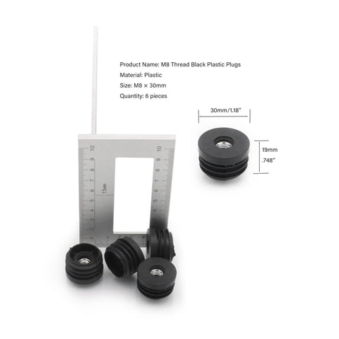 Six Pack Round Tube Plugs With M8 Thread Black Plastic Furniture Leg End Caps 30mm Diameter next to measuring tool