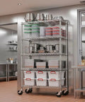 Tough As Nails Five Tier Chrome Wire Shelving Rack With Locking Casters And Nsf Certification For Kitchen Garage Or Home Office Storage Up To Three Hundred Fifty Pounds Per Shelf. Sturdy shelving with pots and containers.