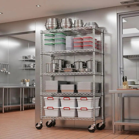 Tough As Nails Five Tier Chrome Wire Shelving Rack With Locking Casters And Nsf Certification For Kitchen Garage Or Home Office Storage Up To Three Hundred Fifty Pounds Per Shelf. Sturdy shelving with pots and containers.