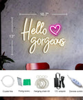 Hello Gorgeous Neon Sign For Girls Bedroom Wall Decor LED Light With Warm White Glow Perfect For Birthday Parties Weddings And Gifts 16.7x12.3 Inches Great Gift Idea