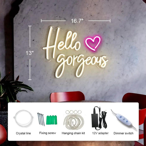 Hello Gorgeous Neon Sign For Girls Bedroom Wall Decor LED Light With Warm White Glow Perfect For Birthday Parties Weddings And Gifts 16.7x12.3 Inches Great Gift Idea