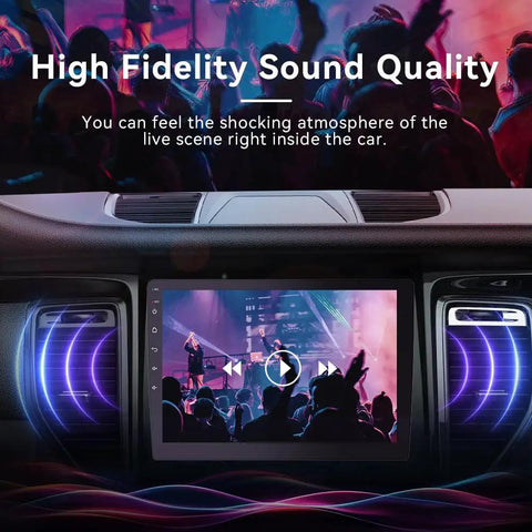 Close-up of 10.1 Inch Double Din Car Stereo With Wireless CarPlay And Android Auto HD Touchscreen showing sound quality feature.