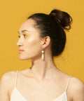 Side profile of a person with updo hairstyle wearing colorful dangle earrings against a yellow background.