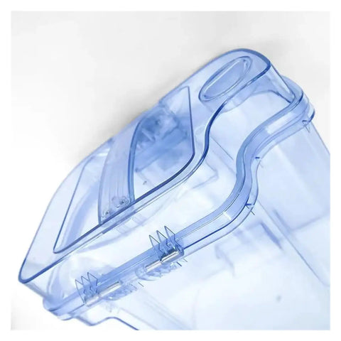 Close-up of a translucent blue water tank vacuum cleaner spare part, snap fit design, for Dreame W10 and W10 Pro vacuums.