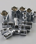 Chrome sockets from Heavy Duty Motorcycle And Electric Bike Repair Kit 46-Piece Set With Sturdy Carrying Case For On The Go Maintenance
