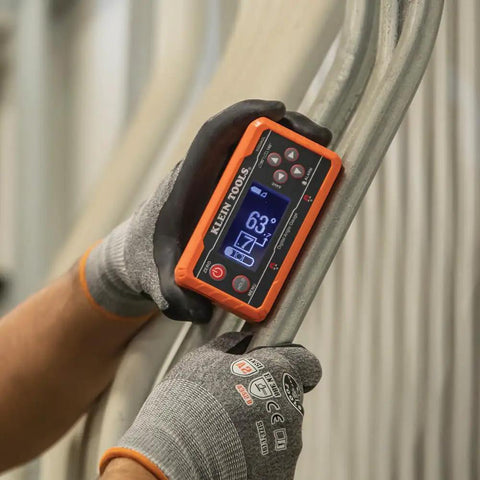 Digital Level Angle Finder With Programmable Angles, Measures 0 To 90 And 0 To 180 Degrees in use on metal conduit
